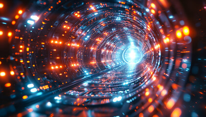 A tunnel with lights and a bright light at the end