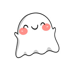 A white ghost with scarlet cheeks drifting across space. A sweet smiling ghost face. Adorable Halloween ghost. A sweet Halloween that isn't scary. Cartoon Images for Halloween. Clip Art for Halloween.