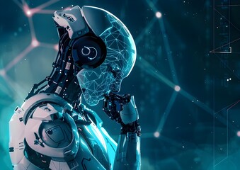 A digital human figure with an artificial intelligence logo and neural network depicted as the background, accompanied by the robot's hand holding its chin in a thought pose. 