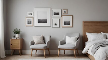 High back master bedroom with photo frame template on the front wall and two arm chairs with planters interior image template, Empty art frame mock up interior design.