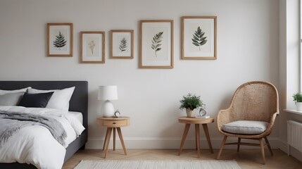 Fototapeta premium A black fabric bedroom with photo frame template on the front wall and arm chair with planters interior image template, Empty art frame mock up interior design.