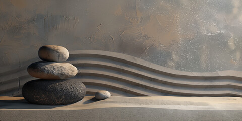 Zen stone and sand, panoramic zen still life