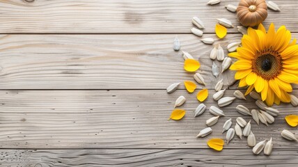 Obraz premium Bright sunflower petals and seeds arranged on rustic wooden surface, capturing the essence of nature's beauty.