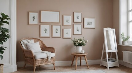 Interior room with arm chair and multiple photo frames on the wall, empty photo frames on wall interior template.