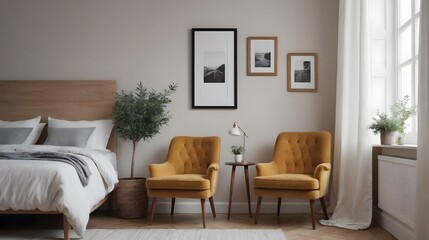 Obraz premium A master bedroom with photo frame on the wall and two orange arm chairs with planters interior image template, Art frame mockup interior design.