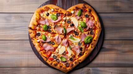 Delicious heart-shaped pizza topped with ham, olives, and fresh herbs, served on a rustic wooden board.
