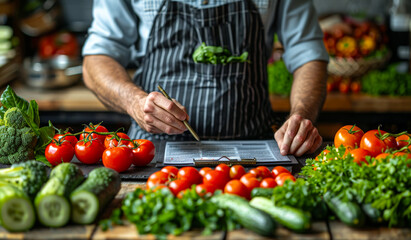 A man is writing on a clipboard next to a table full of vegetables. The vegetables include tomatoes, cucumbers, broccoli, and green beans. The man is taking notes or making a list of the vegetables