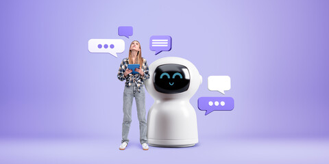 Woman standing near smiling AI robot, text or speech bubbles