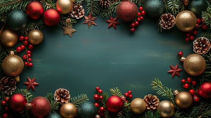 A vintage Christmas flat lay composition includes a frame made of balls, stars, and other festive decorations on a green background.