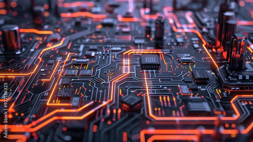 Leinwandbilder The image shows a close-up view of a circuit board with illuminated pathways and integrated circuits. The board has a black background with orange lines and small, glowing red dots. It appears to be p