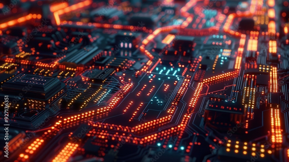 Poster a close-up image of a circuit board with red and blue lights illuminating the intricate pathways and