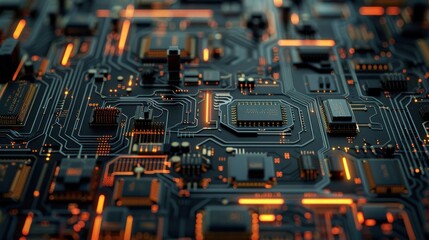 Fototapeta premium A close-up image of a circuit board with glowing orange lines and components. The image is taken from a slightly angled perspective, showcasing the intricate details of the board.