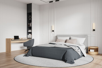 Classical home bedroom interior with sleep and work space, shelf with decoration