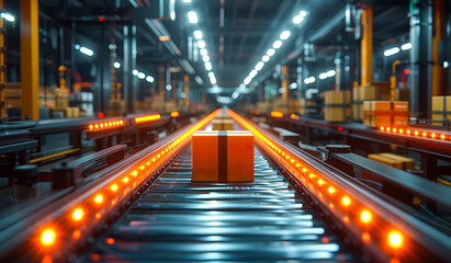A conveyor belt with a box on it. The box is orange and has a red cross on it