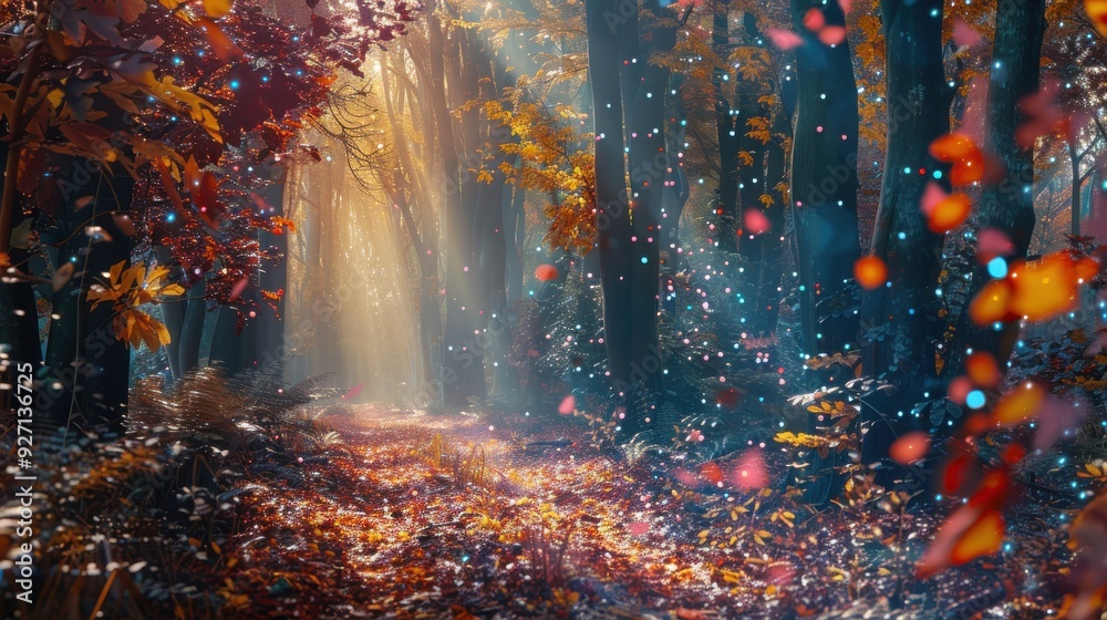 Poster A sunbeam pierces through a dense forest canopy, illuminating a path strewn with fallen leaves. The air shimmers with a magical glow as light refracts off the trees and countless particles float throu