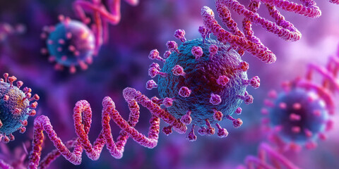 Fototapeta premium Microscopic view of a dangerous virus cell mutating with rna strands floating around it. This illustration could be used for medical or science related projects