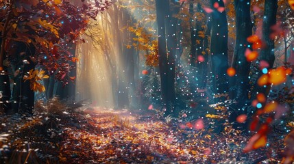 Fototapeta premium A sunbeam pierces through a dense forest canopy, illuminating a path strewn with fallen leaves. The air shimmers with a magical glow as light refracts off the trees and countless particles float throu