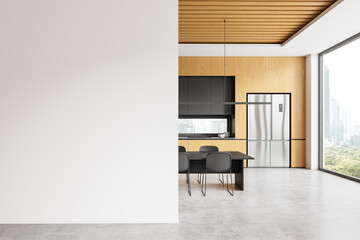 Modern kitchen interior with empty wall for mockup. 3D Rendering