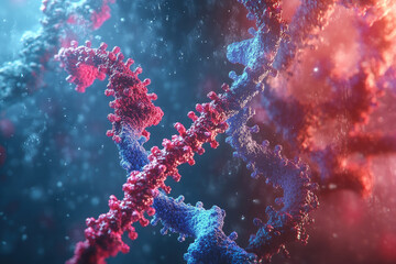 Microscopic view of a dangerous virus cell mutating with rna strands floating around it. This illustration could be used for medical or science related projects