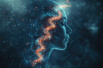 3d illustration of a transparent human head with brain highlighted confronting a cloud of coronavirus particles, showing potential neurological impact