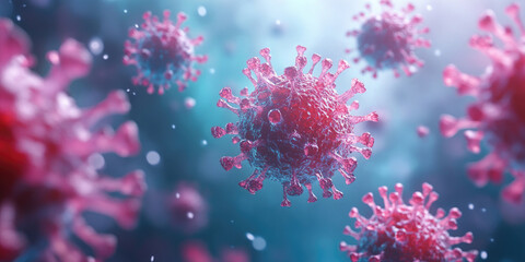 Microscopic view of a spreading virus, possibly a coronavirus or monkeypox, with spikes. 3D banner illustration, microscopic view of floating influenza virus cells. Corona virus SARS-CoV-2