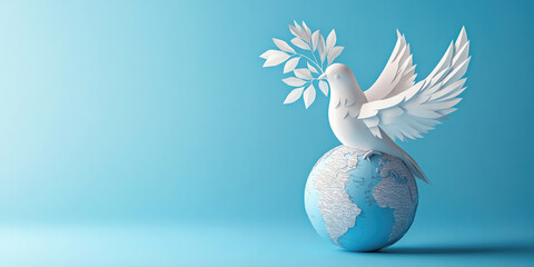 Minimalist rendering of a white dove carrying an olive branch while standing on planet earth, symbolizing peace and harmony. .International Day of Peace. Banner. Copy space