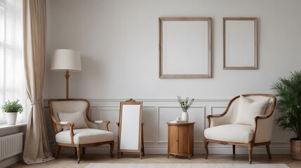 High resolution photo frame on the wall interior image template, empty art frame interior design ai generated designer pictures.