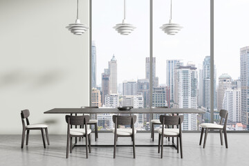Modern dining room with cityscape view through large windows. 3D Rendering