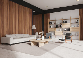 Modern living room with wooden accents and minimalist furniture. 3D Rendering