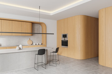 Cozy home kitchen interior with cooking cabinet, bar island and kitchenware
