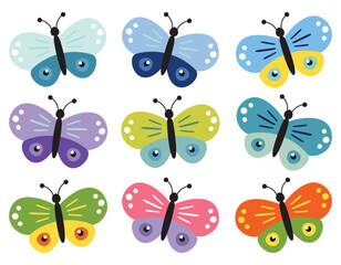 Butterfly collection, cute kids cartoon vector. Illustration isolated on white background. Color insect clipart. Baby shower design elements. Party invitation, birthday celebration. Spring, summer art