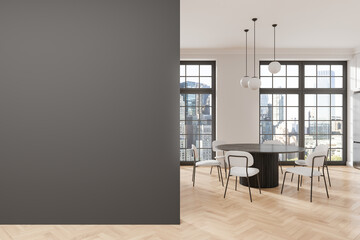Modern dining room with empty grey wall mockup. 3D Rendering