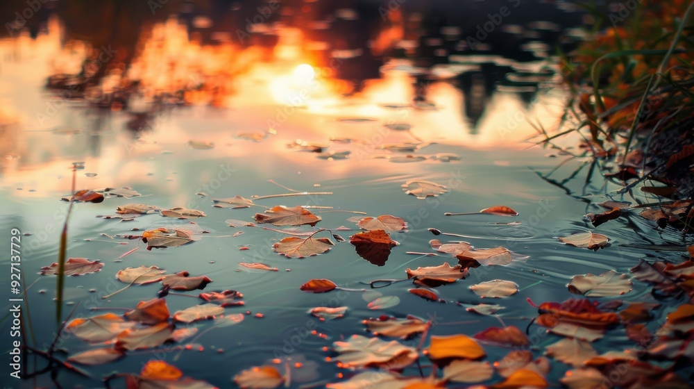 Poster A close-up view of a pond surface, with fallen autumn leaves floating on the water. The setting sun is reflected in the water, creating a warm and inviting atmosphere. The leaves are scattered across 