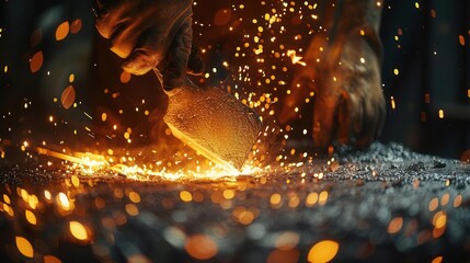 Metalworker pouring molten silver in a foundry, glowing metal casting bright light, focus on the precision and technique, midlevel perspective, industrial environment