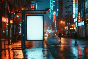 Nighttime city street with a blank white digital billboard poster at a bus stop