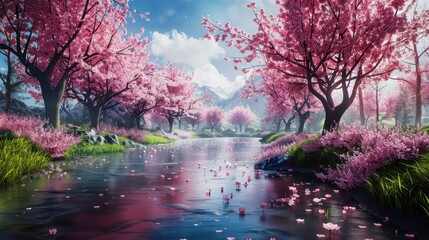 A picturesque landscape with a gentle river winding through a forest of vibrant pink cherry blossom trees. Sunlight filters through the branches, creating a dreamy atmosphere. The soft pink petals of 