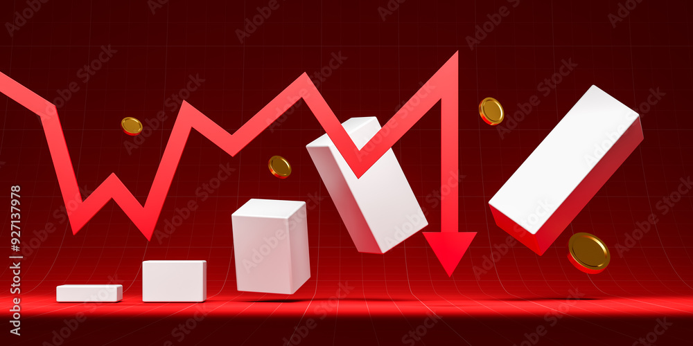 Poster red downward trend graph with falling blocks and coins. 3d rendering