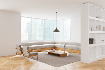 Modern minimalist living room with large windows and city view. 3D Rendering