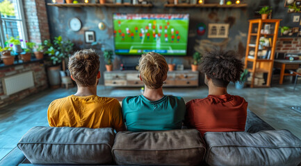 Naklejka premium Three people are sitting on a couch in front of a television. They are watching a soccer game