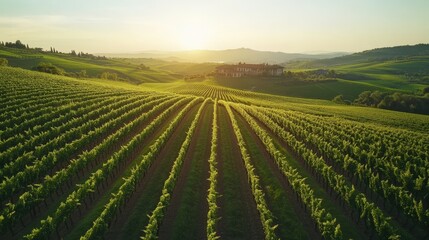 A picturesque vineyard stretches across rolling hills as the sun sets, casting a warm glow over the lush green rows of grapevines