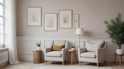 High resolution photo frame on the wall interior image template, empty art frame interior design ai generated designer pictures.