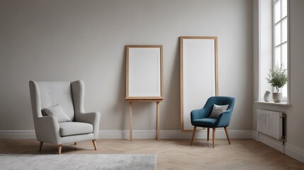 High resolution photo frame on the wall interior image template, empty art frame interior design ai generated designer pictures.