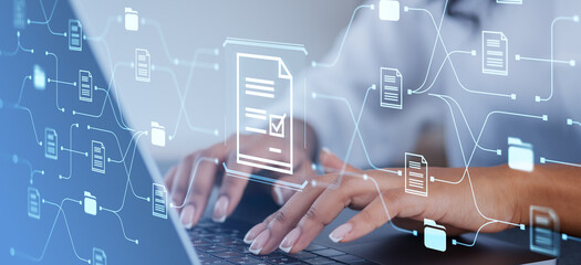 Woman hands typing, document management system and files hologram