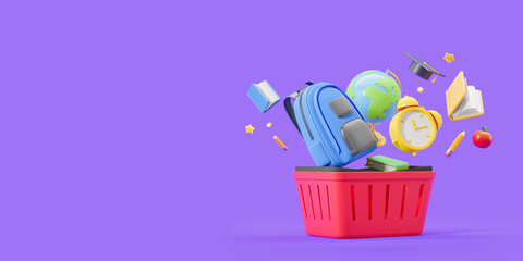 Shopping basket with books, backpack and pencil. Copy space