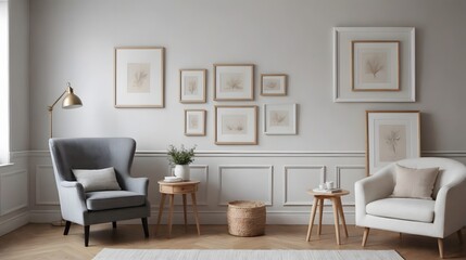 High resolution photo frame on the wall interior image template, empty art frame interior design ai generated designer pictures.