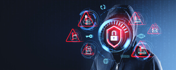 Cybersecurity concept with hooded figure and digital lock icons
