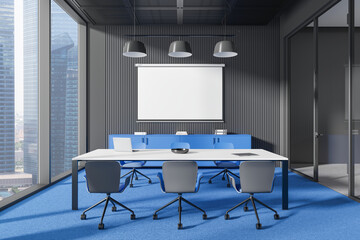 Dark office room interior with board and projection screen, panoramic window