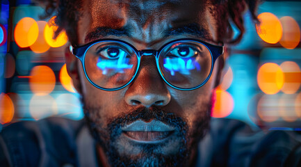 A man with glasses is staring at the camera. The image has a moody and mysterious feel to it, as the man's gaze seems to be focused on something beyond the frame