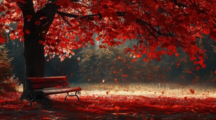 A large maple tree with vibrant red leaves stands in a park, its branches reaching down towards a solitary bench. The ground is covered in fallen leaves, creating a colorful carpet. The wind gently bl