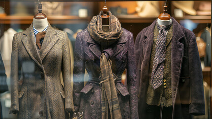 Obraz premium A dark wooden closet with clothes, hats, and shoes hanging and on shelves.